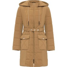 Olcay Çıkabilir Kapüşonlu Torba Cepli Kapitone Mont Kamel 6659