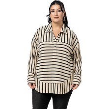 Disentis Modest Büyük Beden Kuşgözü Detaylı V Yaka Geniş Kesim Siyah Çizgili Bluz