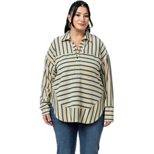 Disentis Modest Büyük Beden Kuşgözü Detaylı V Yaka Geniş Kesim Siyah Çizgili Bluz