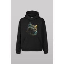 Bıyıklı Kedi Minimal Çizim 3D Efektli Realist Siyah Ön Baskılı Sweatshirt Unisex Kapüşonlu Hoodie