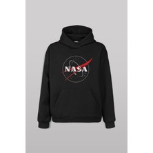 Siyah Sweat Nasa Logosu Uzay Cosmos Ön Baskılı Sweatshirt Unisex Kapüşonlu Hoodie Sweet