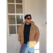 Kahve Peluş Kapüşonlu Yün Mont