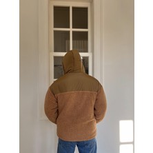 Kahve Peluş Kapüşonlu Yün Mont