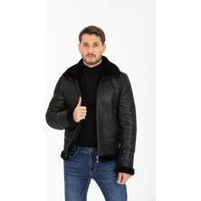 Hakiki Deri Mont Pilot- Siyah, Beyaz Hakiki Kürklü, Fermuar Kapamalı, Şık ve Dayanıklı - 501822