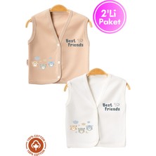 Unisex Bebek Friends Ayıcık Baskılı Organik Pamuklu 3-6-9 Ay 2li Penye Bebek Yelek Set