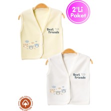 Unisex Bebek Friends Ayıcık Baskılı Organik Pamuklu 3-6-9 Ay 2li Penye Bebek Yelek Set