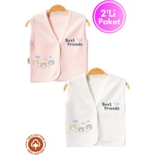 Unisex Bebek Friends Ayıcık Baskılı Organik Pamuklu 3-6-9 Ay 2li Penye Bebek Yelek Set