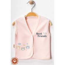 Unisex Bebek Friends Ayıcık Baskılı Organik Pamuklu 3-6-9 Ay 2li Penye Bebek Yelek Set