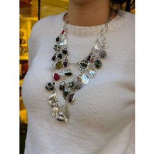 Sparkle Accessories 3'lü Çoklu Charmlı Silver Çelik Kolye Seti