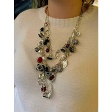 Sparkle Accessories 3'lü Çoklu Charmlı Silver Çelik Kolye Seti