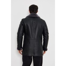 Erkek Hakiki Deri Kaban - Siyah, Gri Doğal Kürklü, Düğme Kapamalı, 80 cm - 501922