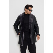 Erkek Hakiki Deri Kaban - Siyah, Gri Doğal Kürklü, Düğme Kapamalı, 80 cm - 501922