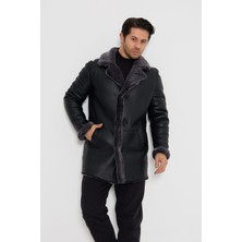 Erkek Hakiki Deri Kaban - Siyah, Gri Doğal Kürklü, Düğme Kapamalı, 80 cm - 501922
