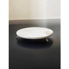 Doğal Mermer Gümüş Ayaklı Sunumluk, Dekor Standı Çok Amaçlı Sunumluk 28 cm