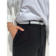 Bel Detaylı Keten Siyah Pantolon
