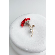 Taş Inci Detaylı Kırmızı Buket Çiçek Broş (5cm)