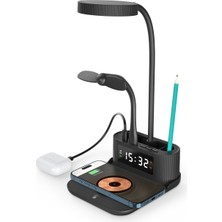 Oranlı Promosyon Masaüstü Kalemlik Işıklı Saatli Alarmlı ve USB Girişli 15W Kablosuz Şarj Cihazı Wireless Charger