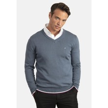 Williot Regular Fit V Yaka Nakışlı %100 Pamuk Triko Erkek Kazak