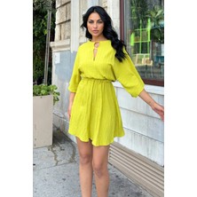 Yağ Yeşili Kloş Elbise Yaka Detaylı Lastikli