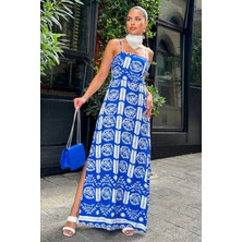 Kadın Saks Ip Askılı, Straplez Yaka, Yırtmaçlı, Rahat A Kesim, Uzun Elbise