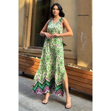 Yeşil Etnik Desenli Maksi Viskon Uzun Elbise