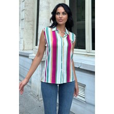 Mint Çizgili Kolsuz Viskon Bluz Gömlek