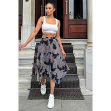 Kadın Laci & Ekru Desenli, Asimetrik Kesim, Hareketli, Rahat Moda Etek