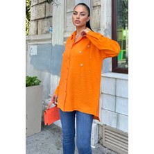 Turuncu Taş Detaylı Keten Klasik Gömlek