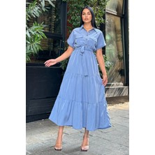 Mavi Pliseli Kuşaklı Maxi Uzun Ceket Elbise
