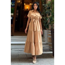 Camel Pliseli Cepli Maxi Kupra Elbise