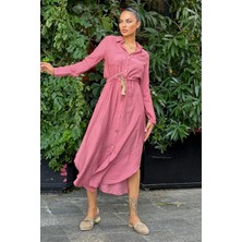 Gül Kurusu Katlamalı Uzun Kol, Keten/airobin Kumaş, Beli Büzgülü, Hasır Kemerli Uzun Gömlek Elbise