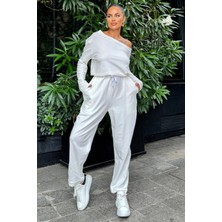 New Laviva Kadın Beyaz Geniş Yaka, Beli Bağcıklı, Paçaları Lastikli Uzun Kol Salaş Tulum