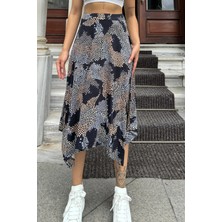 Kadın Laci & Ekru Desenli, Asimetrik Kesim, Hareketli, Rahat Moda Etek
