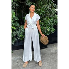 New Laviva Kadın Beyaz Keten/airobin Kumaş, Rahat Kesim, Cepli, Yarım Patlı, Kemerli/kuşaklı Tulum