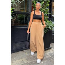 Kadın Karamel Beli Lastikli, Cepli, Bol Paça Özel Kumaş, Rahat Kalıp Pantolon - Tesettüre Uygun