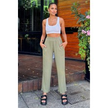 Kadın Haki Yüksek Bel, Cepli, Rahat Kesim, Keten Pantolon