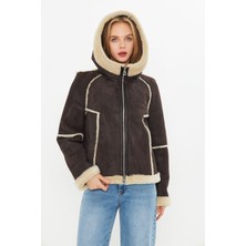Hakiki Nubuk Deri Kapüşonlu Oversize Kadın Mont - Içi Kürklü - Kahverengi 65 cm - 115522