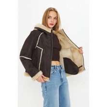 Hakiki Nubuk Deri Kapüşonlu Oversize Kadın Mont - Içi Kürklü - Kahverengi 65 cm - 115522