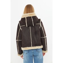 Hakiki Nubuk Deri Kapüşonlu Oversize Kadın Mont - Içi Kürklü - Kahverengi 65 cm - 115522