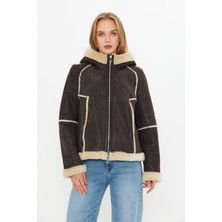 Hakiki Nubuk Deri Kapüşonlu Oversize Kadın Mont - Içi Kürklü - Kahverengi 65 cm - 115522