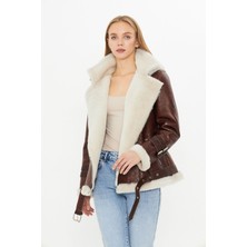 Hakiki Deri Kapüşonlu Kadın Kaban - Içi Kürklü, Kemerli - Kahverengi 70 Cm- 103022