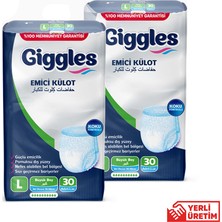 Giggles Yetişkin Emici Külot Bez Büyük Boy (Large) 30'lu 2 Paket (60 Adet) Bel Boy 100-150 Cm