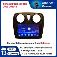 Renault Dacia Sandero 2013-2020YIL Android Sürüm 13 Kablosuz Carplay Navigasyon Multimedya 9 Inç Ekran 4g Ram+ 32GB Hafıza Çerçeve ve Arka Görüş Kamerası ile