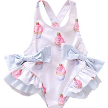 Petityu Cupcake Desenli Sırtı Çapraz Şirin Fiyonklu Kız Çocuk Mayo