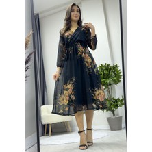 ZKS Grup Tekstil Kadın Balon Kol Kruvaze Midi Boy Şifon Astarlı Büyük Beden Elbise Haki, Kırmızı, Bordo, Yeşil, Saks, Siyah, Mor, Desenli