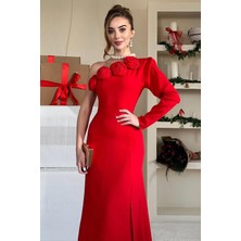 Elbee Fashion Woman Kırmızı Tek Kollu Gül Detaylı Elbise