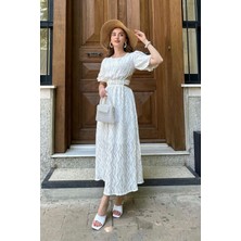 Elbee Fashion Woman Beyaz Balon Kol Kuşaklı Elbise