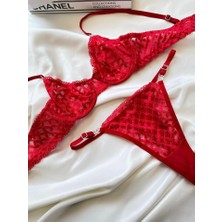 Kırmızı Kadın Nude Dantelli Bralet Südyen Kilot Takım