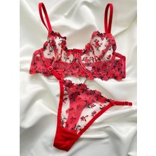 Shy Lola Lingerie Kırmızı(Siyah Detaylı)Balenli Kapsız Brode Sütyen Takım (Sütyen-Tanga) /iç Çamaşırı
