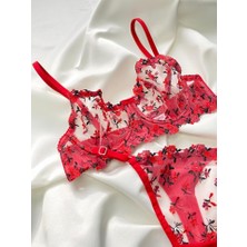 Shy Lola Lingerie Kırmızı(Siyah Detaylı)Balenli Kapsız Brode Sütyen Takım (Sütyen-Tanga) /iç Çamaşırı